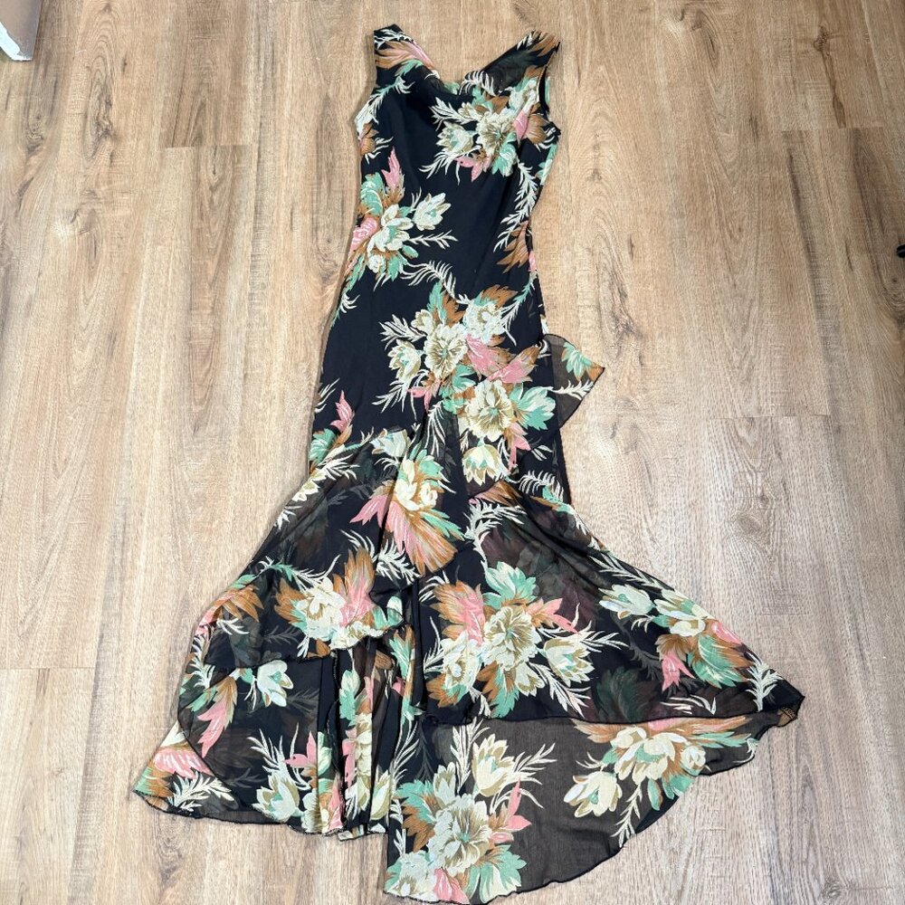 Vintage 90s Maxi Dress Floral Black Beaded Matching Scarf Fairy Feminine M - Picture 7 of 16